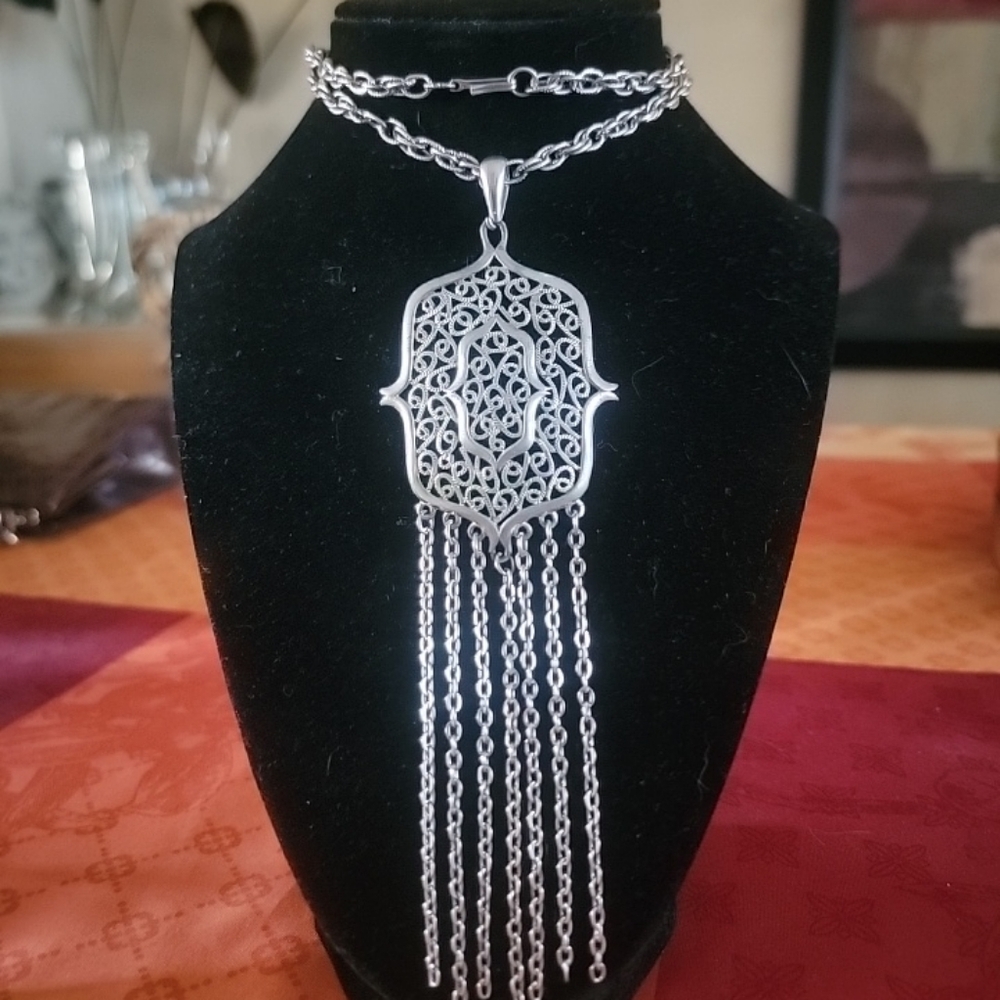 Vintage 60s Silver Tone Couture Tassel Necklace Filagree  20"